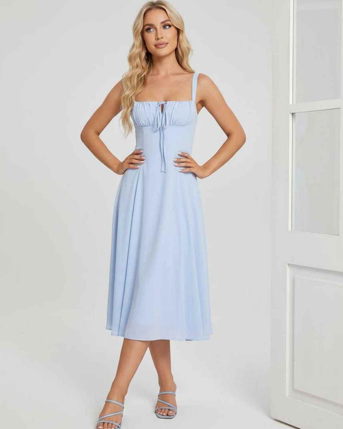 Ramblion Eda midi dress — square neck neckline · back view · styled for cocktail season