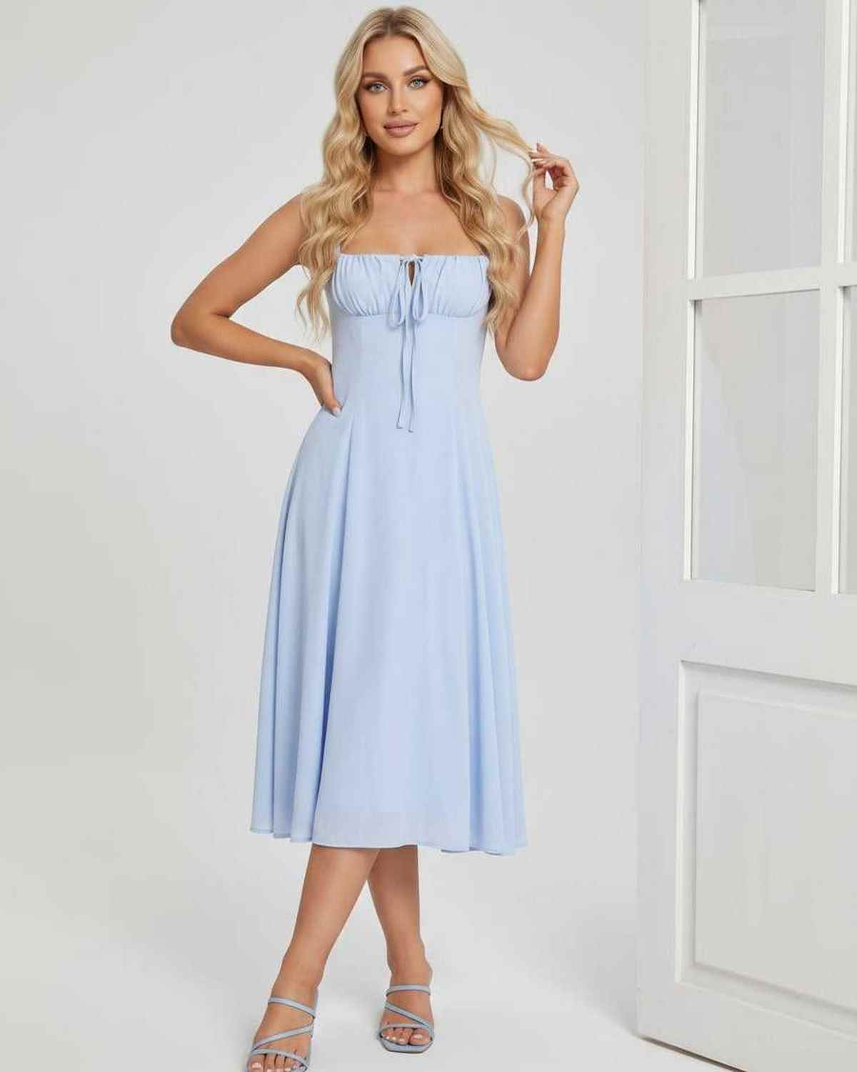 Ramblion Eda midi dress — square neck neckline · lifestyle styling · styled for cocktail season