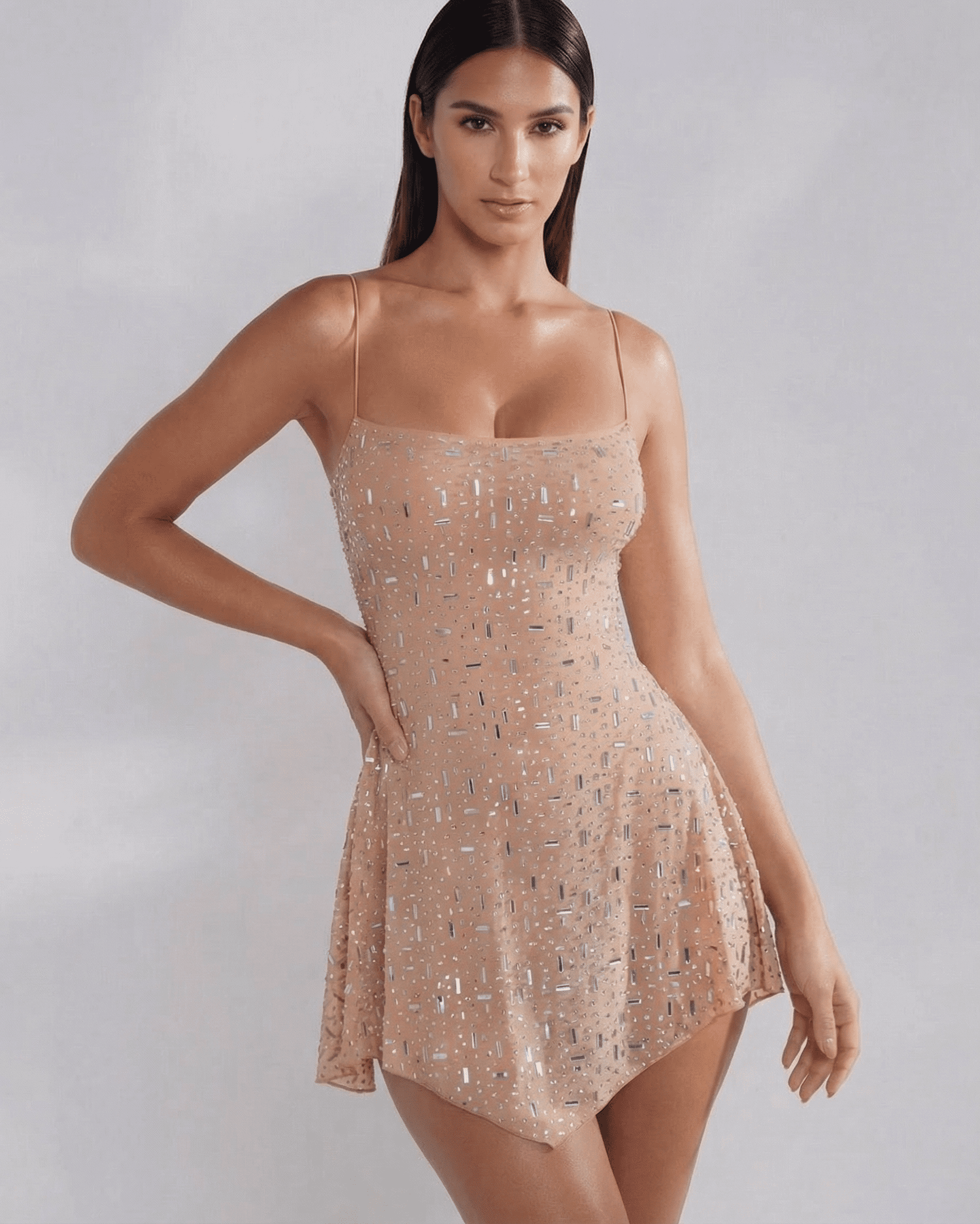 Edra Mini Dress in pink polyester, featuring a square neck and delicate spaghetti straps, perfect for elegant outings. RAMBLION brand.