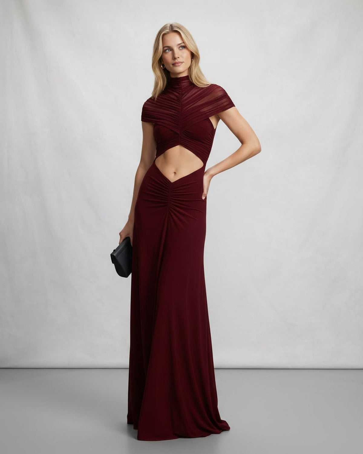 Ramblion Eira maxi dress — stand-collar neckline · side detail · styled for prom season