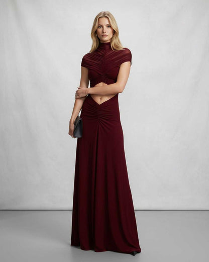 Ramblion Eira maxi dress — stand-collar neckline · back view · styled for prom season