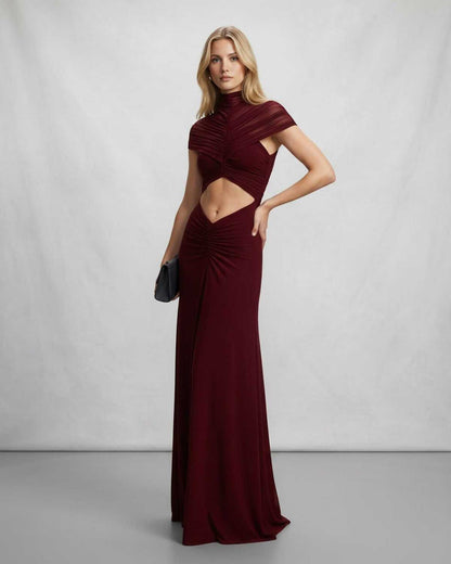 Ramblion Eira maxi dress — stand-collar neckline · lifestyle styling · styled for prom season