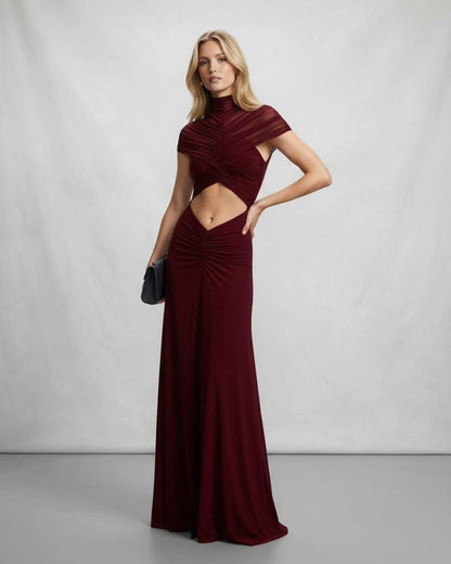 Ramblion Eira maxi dress — stand-collar neckline · fabric close-up · styled for prom season