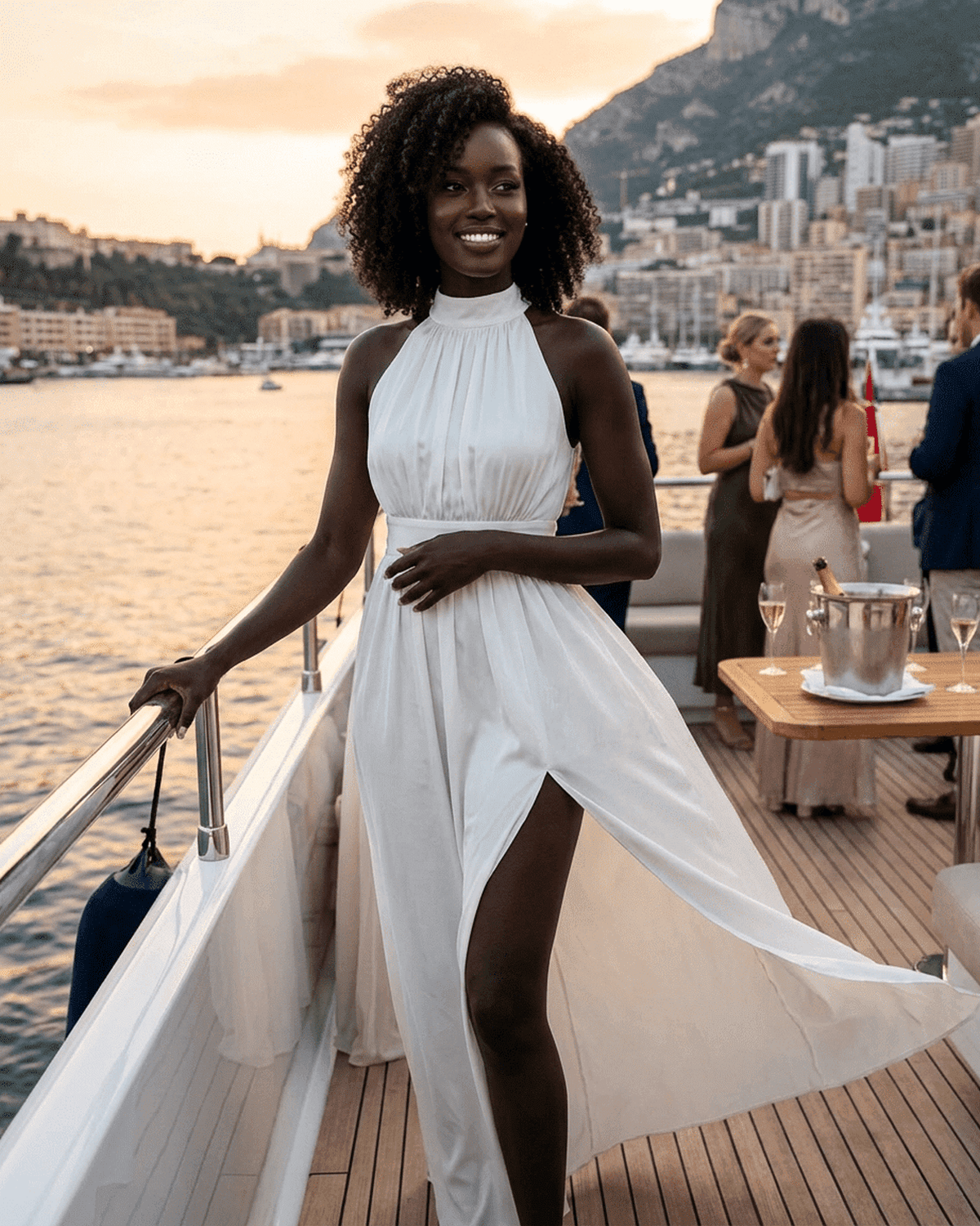 Elara Maxi Dress by RAMBLION, elegant sleeveless turtleneck maxi dress with high waist and side slit, against a scenic sunset background.