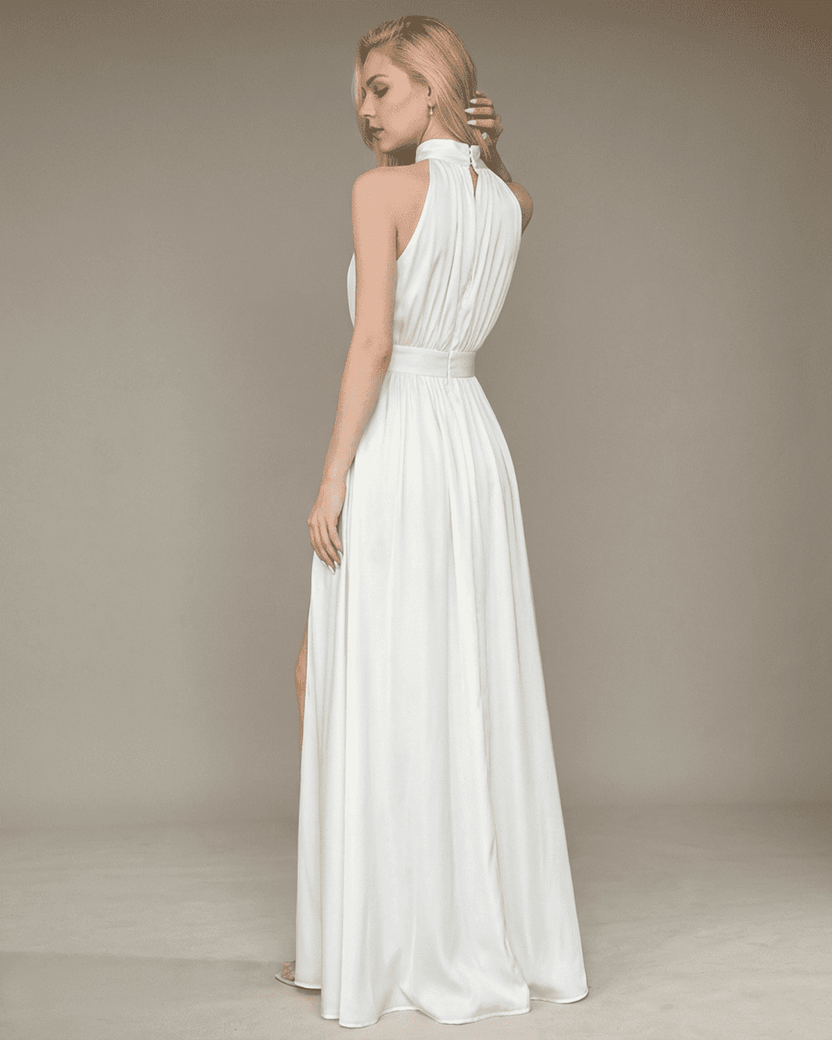 Elara Maxi Dress by RAMBLION, elegant sleeveless turtleneck design with high waist and side slit in white.