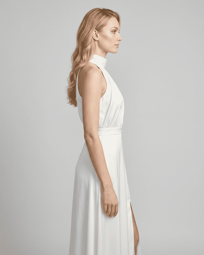 Elara Maxi Dress by RAMBLION in white, showcasing a sleeveless turtleneck design and elegant high waist.
