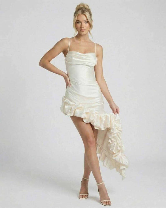 Elara Midi Dress - Elegant satin A-line midi dress with asymmetric ruffle hem showcasing a flattering silhouette.