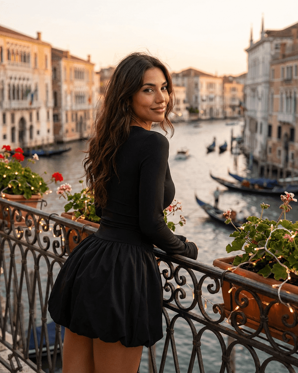 Elara Mini Dress by RAMBLION worn by a woman standing by a canal, showcasing a beautiful sunset.