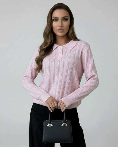 Elara Sweater by Lauven in pink, featuring a collared neck and long sleeves, perfect for modern, elegant style.