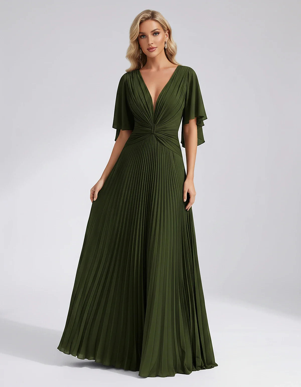 Pleated Chiffon Flutter Sleeve V-Neck A-Line Maxi Dress for Bridesmaid, Wedding Guest, Cocktail, Evening & Summer Events, fro | SKU: EMD-741852963074185-OLIVE-L,EMD-741852963074185-OLIVE-M,EMD-741852963074185-OLIVE-S,EMD-741852963074185-OLIVE-XL,EMD-741852963074185-OLIVE-XS