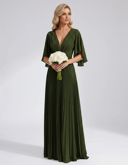 Pleated Chiffon Flutter Sleeve V-Neck A-Line Maxi Dress for Bridesmaid, Wedding Guest, Cocktail, Evening & Summer Events, fro | SKU: EMD-741852963074185-OLIVE-L,EMD-741852963074185-OLIVE-M,EMD-741852963074185-OLIVE-S,EMD-741852963074185-OLIVE-XL,EMD-741852963074185-OLIVE-XS