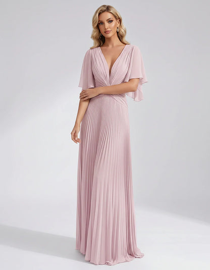 Pleated Chiffon Flutter Sleeve V-Neck A-Line Maxi Dress for Bridesmaid, Wedding Guest, Cocktail, Evening & Summer Events, fro | SKU: EMD-741852963074185-BLUSH-L,EMD-741852963074185-BLUSH-M,EMD-741852963074185-BLUSH-S,EMD-741852963074185-BLUSH-XL,EMD-741852963074185-BLUSH-XS
