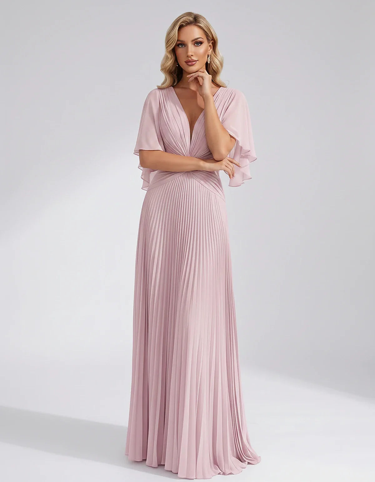 Pleated Chiffon Flutter Sleeve V-Neck A-Line Maxi Dress for Bridesmaid, Wedding Guest, Cocktail, Evening & Summer Events, fro | SKU: EMD-741852963074185-BLUSH-L,EMD-741852963074185-BLUSH-M,EMD-741852963074185-BLUSH-S,EMD-741852963074185-BLUSH-XL,EMD-741852963074185-BLUSH-XS