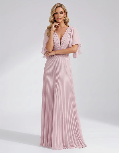 Pleated Chiffon Flutter Sleeve V-Neck A-Line Maxi Dress for Bridesmaid, Wedding Guest, Cocktail, Evening & Summer Events, fro | SKU: EMD-741852963074185-BLUSH-L,EMD-741852963074185-BLUSH-M,EMD-741852963074185-BLUSH-S,EMD-741852963074185-BLUSH-XL,EMD-741852963074185-BLUSH-XS
