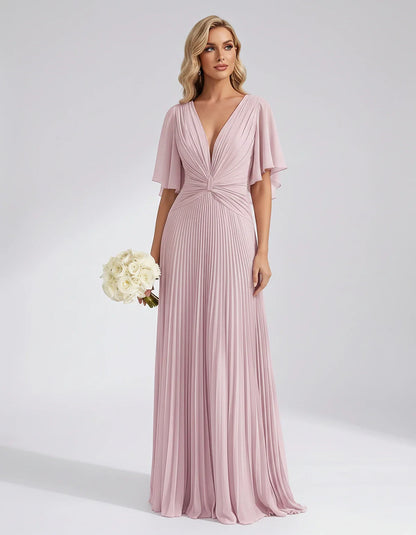 Pleated Chiffon Flutter Sleeve V-Neck A-Line Maxi Dress for Bridesmaid, Wedding Guest, Cocktail, Evening & Summer Events, fro | SKU: EMD-741852963074185-BLUSH-L,EMD-741852963074185-BLUSH-M,EMD-741852963074185-BLUSH-S,EMD-741852963074185-BLUSH-XL,EMD-741852963074185-BLUSH-XS