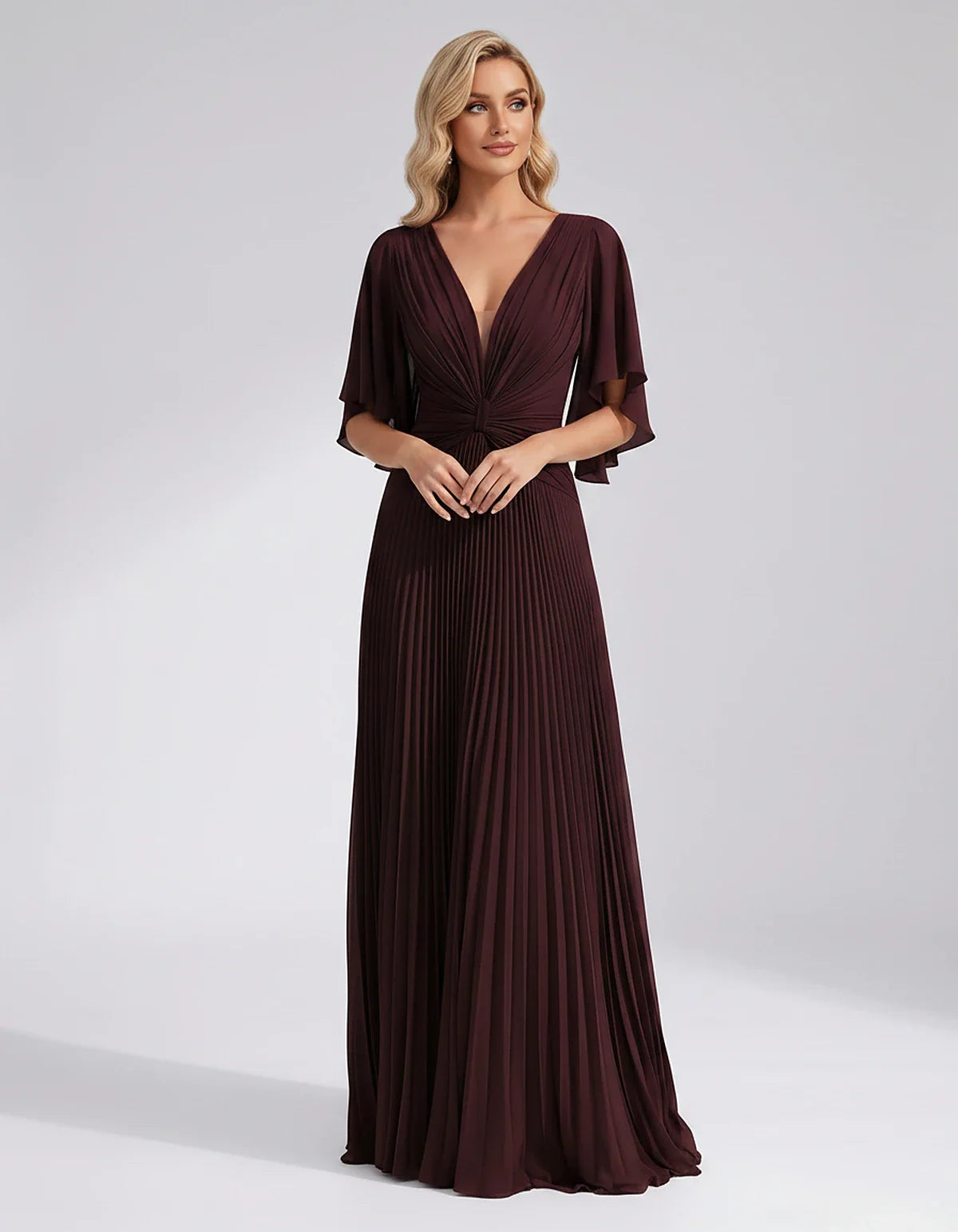 Pleated Chiffon Flutter Sleeve V-Neck A-Line Maxi Dress for Bridesmaid, Wedding Guest, Cocktail, Evening & Summer Events, fro | SKU: EMD-741852963074185-BURGUNDY-L,EMD-741852963074185-BURGUNDY-M,EMD-741852963074185-BURGUNDY-S,EMD-741852963074185-BURGUNDY-XL,EMD-741852963074185-BURGUNDY-XS