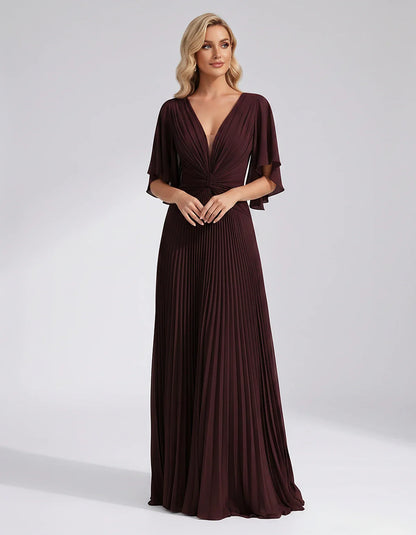 Pleated Chiffon Flutter Sleeve V-Neck A-Line Maxi Dress for Bridesmaid, Wedding Guest, Cocktail, Evening & Summer Events, fro | SKU: EMD-741852963074185-BURGUNDY-L,EMD-741852963074185-BURGUNDY-M,EMD-741852963074185-BURGUNDY-S,EMD-741852963074185-BURGUNDY-XL,EMD-741852963074185-BURGUNDY-XS
