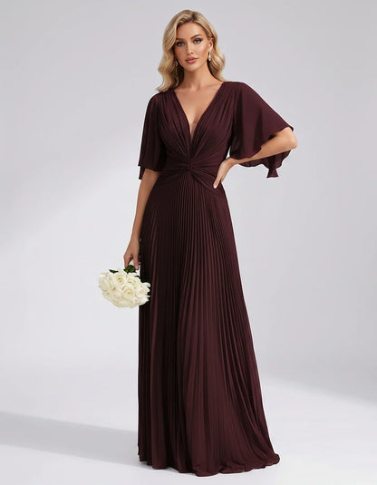 Pleated Chiffon Flutter Sleeve V-Neck A-Line Maxi Dress for Bridesmaid, Wedding Guest, Cocktail, Evening & Summer Events, fro | SKU: EMD-741852963074185-BURGUNDY-L,EMD-741852963074185-BURGUNDY-M,EMD-741852963074185-BURGUNDY-S,EMD-741852963074185-BURGUNDY-XL,EMD-741852963074185-BURGUNDY-XS