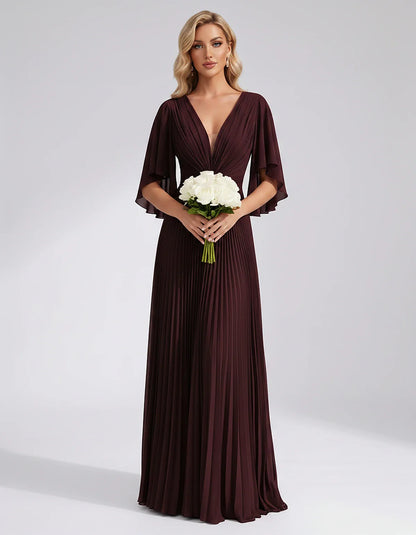 Pleated Chiffon Flutter Sleeve V-Neck A-Line Maxi Dress for Bridesmaid, Wedding Guest, Cocktail, Evening & Summer Events, fro | SKU: EMD-741852963074185-BURGUNDY-L,EMD-741852963074185-BURGUNDY-M,EMD-741852963074185-BURGUNDY-S,EMD-741852963074185-BURGUNDY-XL,EMD-741852963074185-BURGUNDY-XS