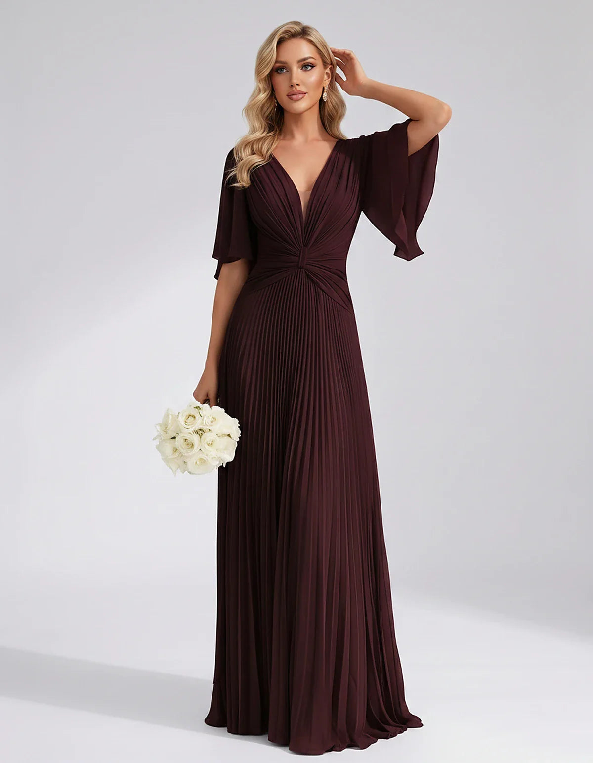 Pleated Chiffon Flutter Sleeve V-Neck A-Line Maxi Dress for Bridesmaid, Wedding Guest, Cocktail, Evening & Summer Events, fro | SKU: EMD-741852963074185-BURGUNDY-L,EMD-741852963074185-BURGUNDY-M,EMD-741852963074185-BURGUNDY-S,EMD-741852963074185-BURGUNDY-XL,EMD-741852963074185-BURGUNDY-XS