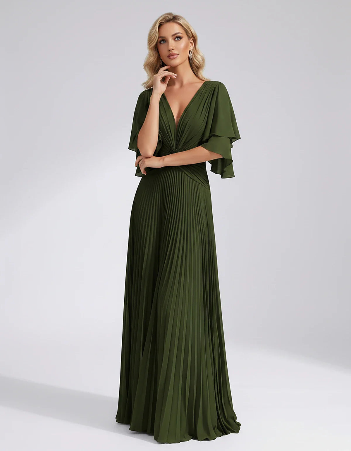 Pleated Chiffon Flutter Sleeve V-Neck A-Line Maxi Dress for Bridesmaid, Wedding Guest, Cocktail, Evening & Summer Events, fro | SKU: EMD-741852963074185-OLIVE-L,EMD-741852963074185-OLIVE-M,EMD-741852963074185-OLIVE-S,EMD-741852963074185-OLIVE-XL,EMD-741852963074185-OLIVE-XS