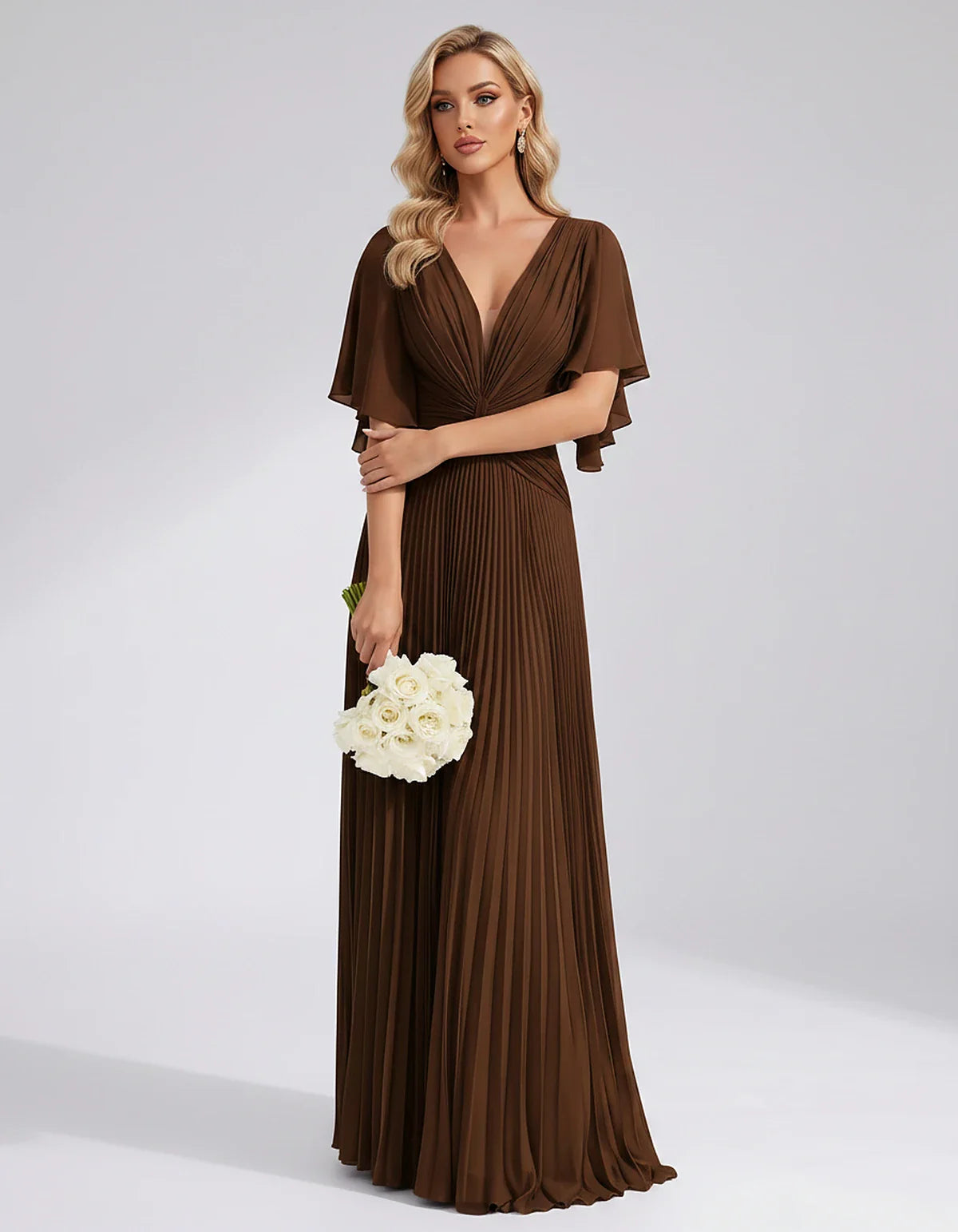 Pleated Chiffon Flutter Sleeve V-Neck A-Line Maxi Dress for Bridesmaid, Wedding Guest, Cocktail, Evening & Summer Events, fro | SKU: EMD-741852963074185-BROWN-L,EMD-741852963074185-BROWN-M,EMD-741852963074185-BROWN-S,EMD-741852963074185-BROWN-XL,EMD-741852963074185-BROWN-XS