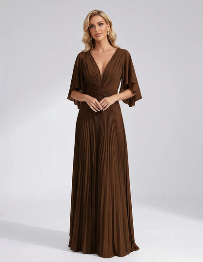Pleated Chiffon Flutter Sleeve V-Neck A-Line Maxi Dress for Bridesmaid, Wedding Guest, Cocktail, Evening & Summer Events, fro | SKU: EMD-741852963074185-BROWN-L,EMD-741852963074185-BROWN-M,EMD-741852963074185-BROWN-S,EMD-741852963074185-BROWN-XL,EMD-741852963074185-BROWN-XS