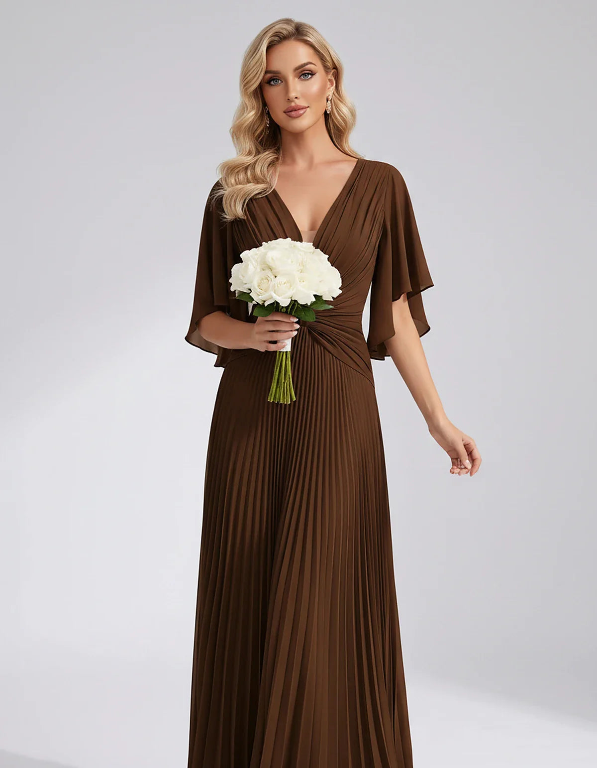 Pleated Chiffon Flutter Sleeve V-Neck A-Line Maxi Dress for Bridesmaid, Wedding Guest, Cocktail, Evening & Summer Events, fro | SKU: EMD-741852963074185-BROWN-L,EMD-741852963074185-BROWN-M,EMD-741852963074185-BROWN-S,EMD-741852963074185-BROWN-XL,EMD-741852963074185-BROWN-XS