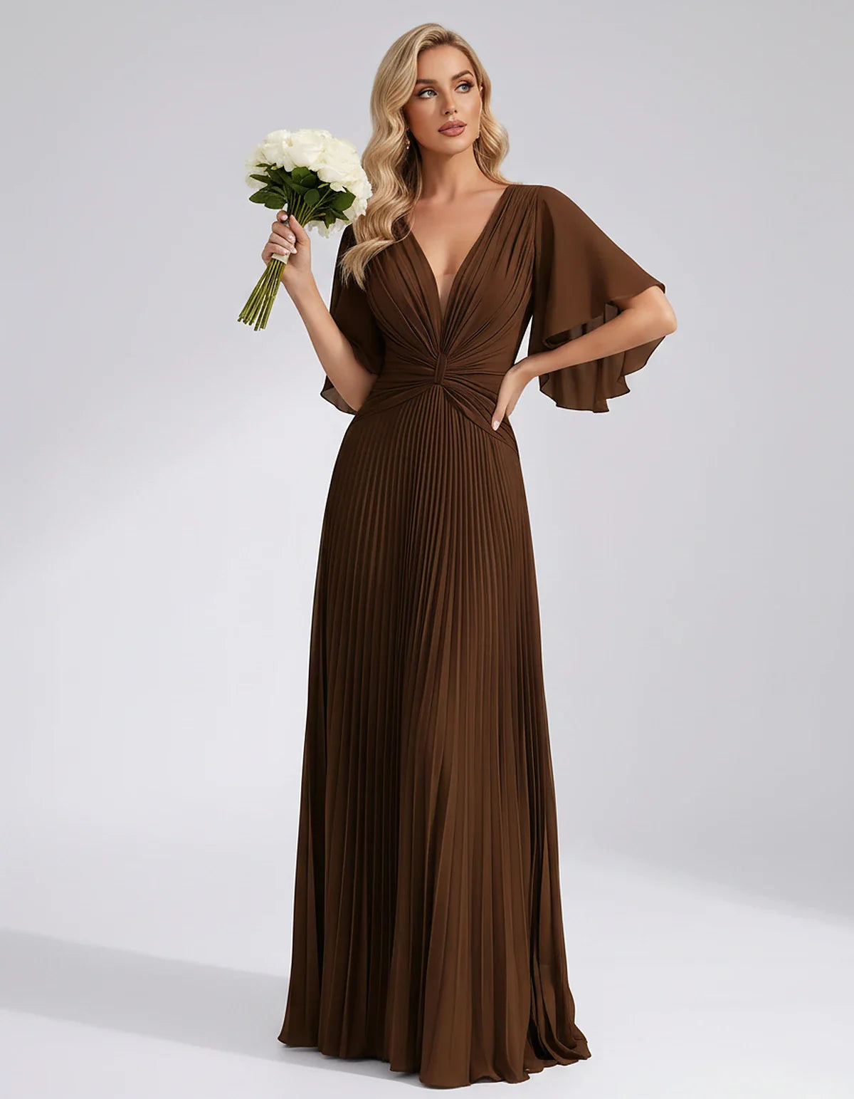 Pleated Chiffon Flutter Sleeve V-Neck A-Line Maxi Dress for Bridesmaid, Wedding Guest, Cocktail, Evening & Summer Events, fro | SKU: EMD-741852963074185-BROWN-L,EMD-741852963074185-BROWN-M,EMD-741852963074185-BROWN-S,EMD-741852963074185-BROWN-XL,EMD-741852963074185-BROWN-XS