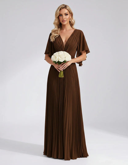 Pleated Chiffon Flutter Sleeve V-Neck A-Line Maxi Dress for Bridesmaid, Wedding Guest, Cocktail, Evening & Summer Events, fro | SKU: EMD-741852963074185-BROWN-L,EMD-741852963074185-BROWN-M,EMD-741852963074185-BROWN-S,EMD-741852963074185-BROWN-XL,EMD-741852963074185-BROWN-XS