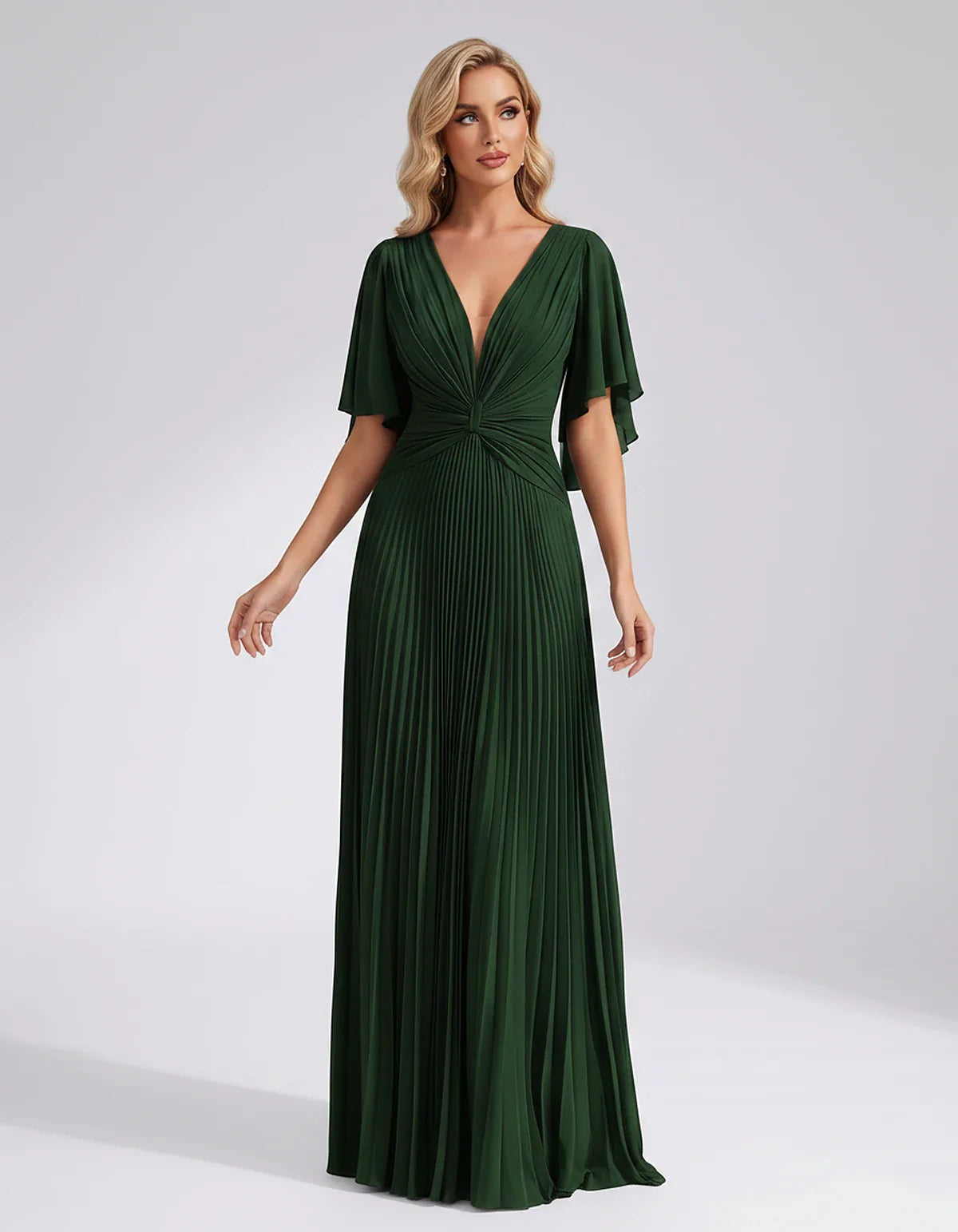 Pleated Chiffon Flutter Sleeve V-Neck A-Line Maxi Dress for Bridesmaid, Wedding Guest, Cocktail, Evening & Summer Events, fro | SKU: EMD-741852963074185-GREEN-L,EMD-741852963074185-GREEN-M,EMD-741852963074185-GREEN-S,EMD-741852963074185-GREEN-XL,EMD-741852963074185-GREEN-XS