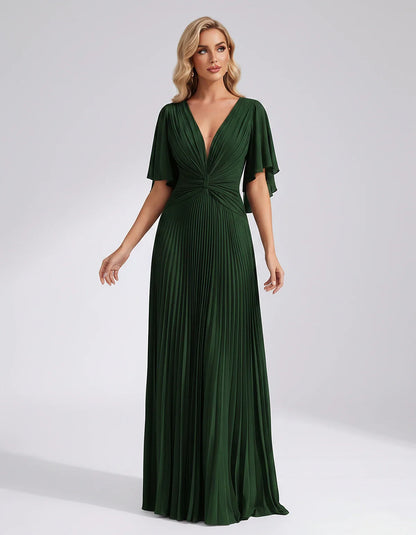 Pleated Chiffon Flutter Sleeve V-Neck A-Line Maxi Dress for Bridesmaid, Wedding Guest, Cocktail, Evening & Summer Events, fro | SKU: EMD-741852963074185-GREEN-L,EMD-741852963074185-GREEN-M,EMD-741852963074185-GREEN-S,EMD-741852963074185-GREEN-XL,EMD-741852963074185-GREEN-XS
