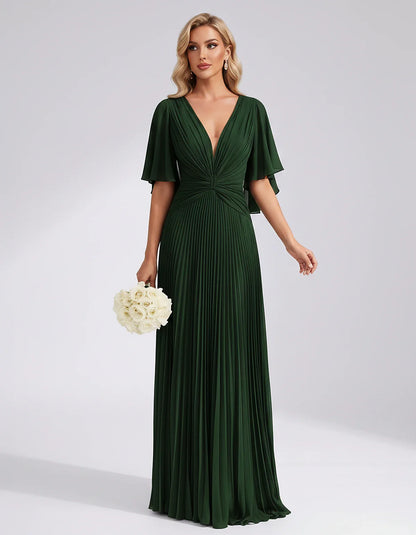 Pleated Chiffon Flutter Sleeve V-Neck A-Line Maxi Dress for Bridesmaid, Wedding Guest, Cocktail, Evening & Summer Events, fro | SKU: EMD-741852963074185-GREEN-L,EMD-741852963074185-GREEN-M,EMD-741852963074185-GREEN-S,EMD-741852963074185-GREEN-XL,EMD-741852963074185-GREEN-XS