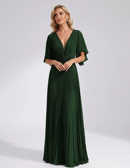Pleated Chiffon Flutter Sleeve V-Neck A-Line Maxi Dress for Bridesmaid, Wedding Guest, Cocktail, Evening & Summer Events, fro | SKU: EMD-741852963074185-GREEN-L,EMD-741852963074185-GREEN-M,EMD-741852963074185-GREEN-S,EMD-741852963074185-GREEN-XL,EMD-741852963074185-GREEN-XS
