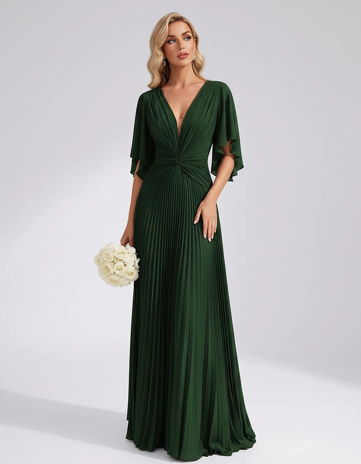 Pleated Chiffon Flutter Sleeve V-Neck A-Line Maxi Dress for Bridesmaid, Wedding Guest, Cocktail, Evening & Summer Events, fro | SKU: EMD-741852963074185-GREEN-L,EMD-741852963074185-GREEN-M,EMD-741852963074185-GREEN-S,EMD-741852963074185-GREEN-XL,EMD-741852963074185-GREEN-XS