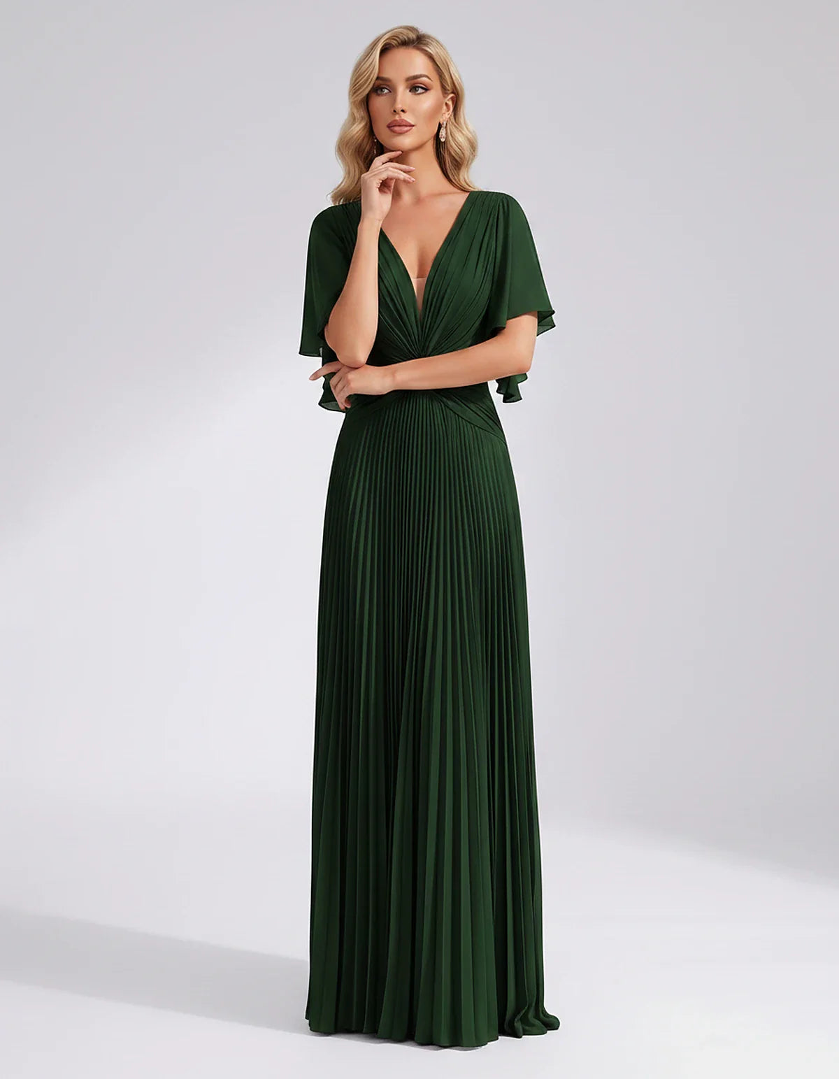 Pleated Chiffon Flutter Sleeve V-Neck A-Line Maxi Dress for Bridesmaid, Wedding Guest, Cocktail, Evening & Summer Events, fro | SKU: EMD-741852963074185-GREEN-L,EMD-741852963074185-GREEN-M,EMD-741852963074185-GREEN-S,EMD-741852963074185-GREEN-XL,EMD-741852963074185-GREEN-XS