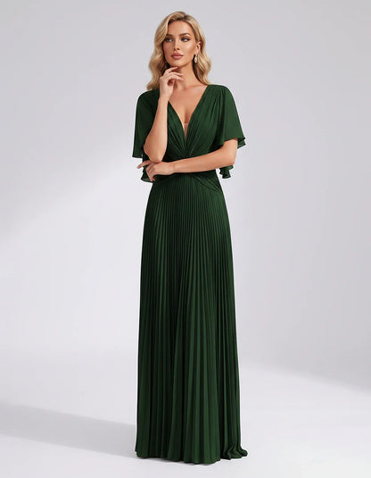 Pleated Chiffon Flutter Sleeve V-Neck A-Line Maxi Dress for Bridesmaid, Wedding Guest, Cocktail, Evening & Summer Events, fro | SKU: EMD-741852963074185-GREEN-L,EMD-741852963074185-GREEN-M,EMD-741852963074185-GREEN-S,EMD-741852963074185-GREEN-XL,EMD-741852963074185-GREEN-XS