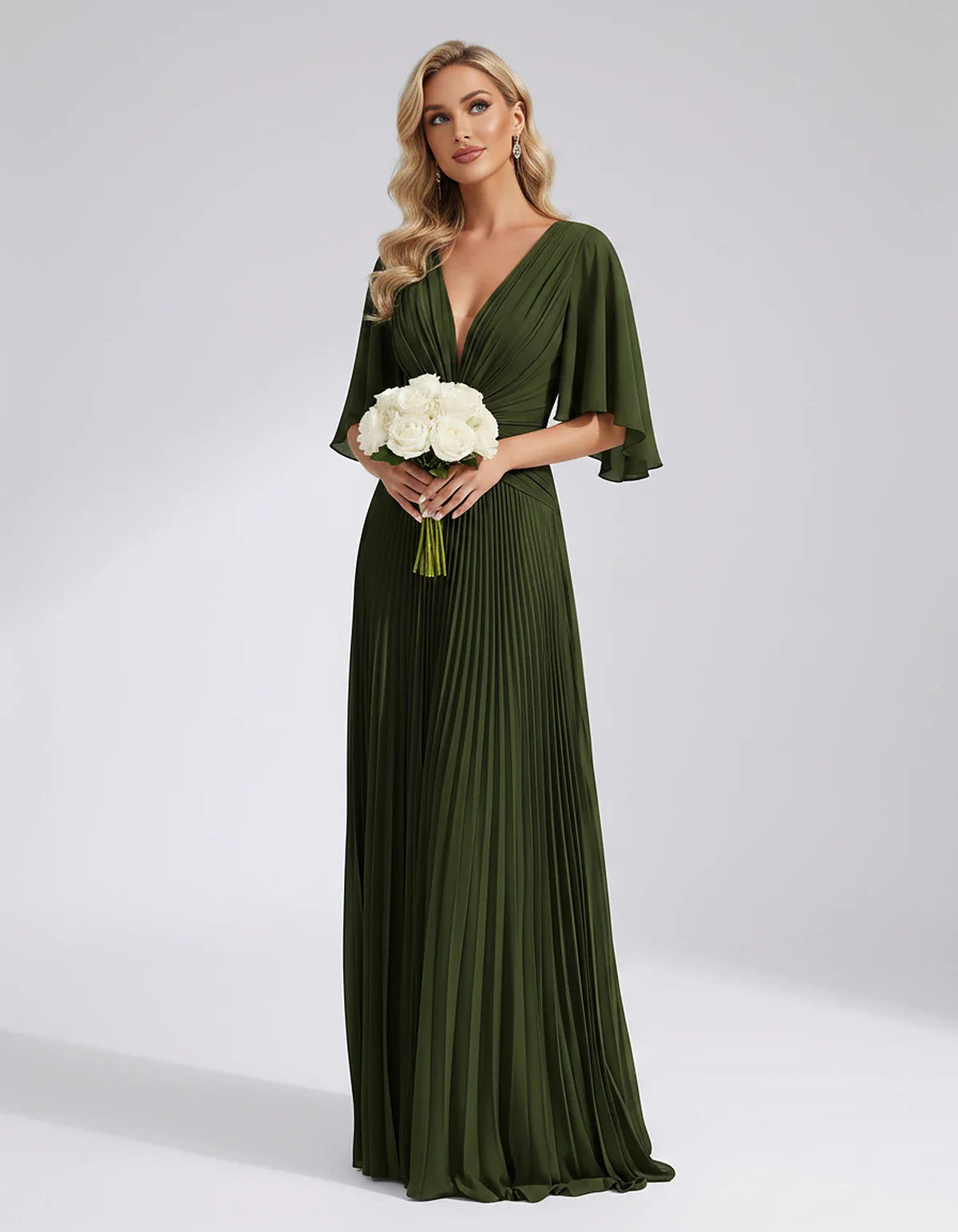 Pleated Chiffon Flutter Sleeve V-Neck A-Line Maxi Dress for Bridesmaid, Wedding Guest, Cocktail, Evening & Summer Events, fro | SKU: EMD-741852963074185-OLIVE-L,EMD-741852963074185-OLIVE-M,EMD-741852963074185-OLIVE-S,EMD-741852963074185-OLIVE-XL,EMD-741852963074185-OLIVE-XS