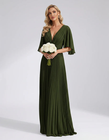 Pleated Chiffon Flutter Sleeve V-Neck A-Line Maxi Dress for Bridesmaid, Wedding Guest, Cocktail, Evening & Summer Events, fro | SKU: EMD-741852963074185-OLIVE-L,EMD-741852963074185-OLIVE-M,EMD-741852963074185-OLIVE-S,EMD-741852963074185-OLIVE-XL,EMD-741852963074185-OLIVE-XS