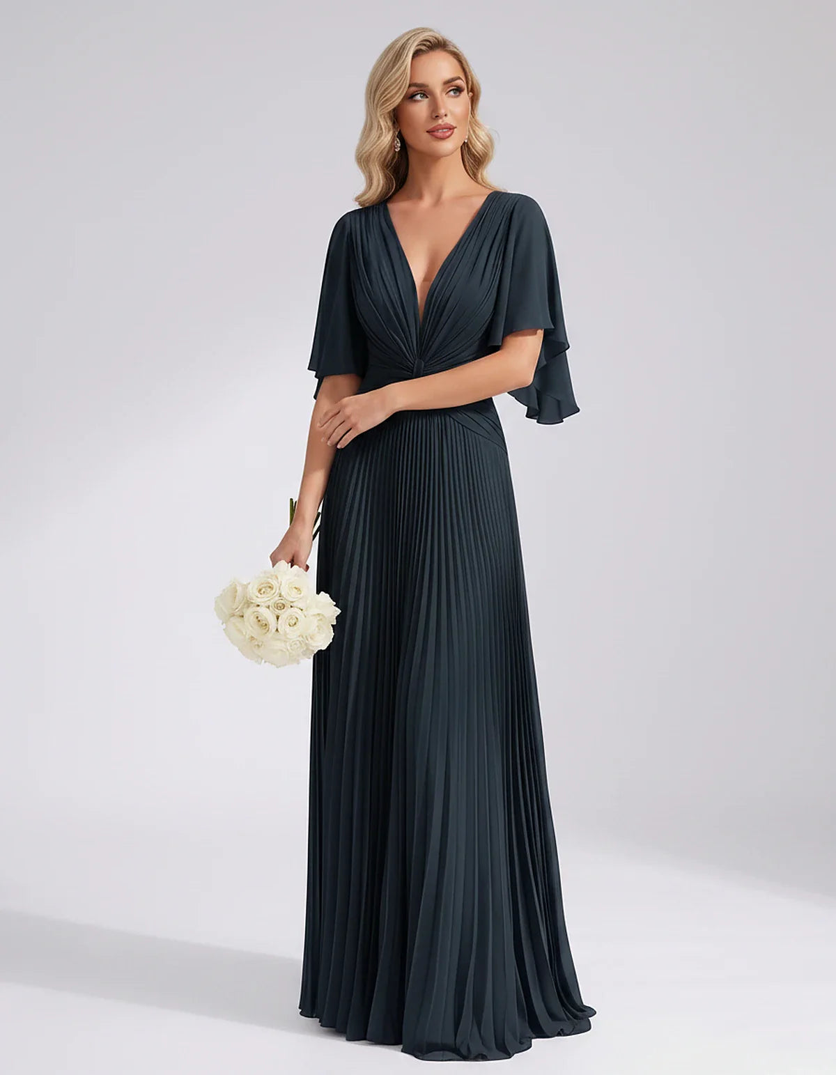 Pleated Chiffon Flutter Sleeve V-Neck A-Line Maxi Dress for Bridesmaid, Wedding Guest, Cocktail, Evening & Summer Events, fro | SKU: EMD-741852963074185-NAVY-L,EMD-741852963074185-NAVY-M,EMD-741852963074185-NAVY-S,EMD-741852963074185-NAVY-XL,EMD-741852963074185-NAVY-XS