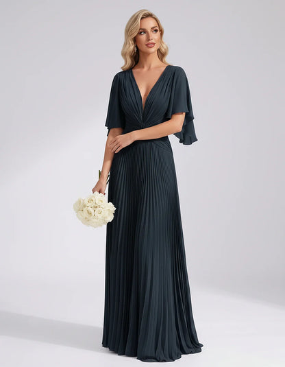 Pleated Chiffon Flutter Sleeve V-Neck A-Line Maxi Dress for Bridesmaid, Wedding Guest, Cocktail, Evening & Summer Events, fro | SKU: EMD-741852963074185-NAVY-L,EMD-741852963074185-NAVY-M,EMD-741852963074185-NAVY-S,EMD-741852963074185-NAVY-XL,EMD-741852963074185-NAVY-XS