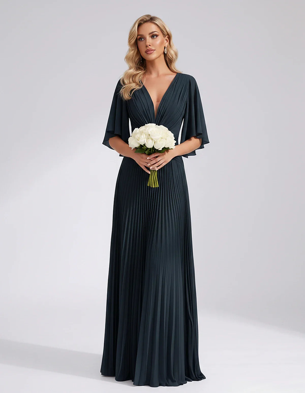 Pleated Chiffon Flutter Sleeve V-Neck A-Line Maxi Dress for Bridesmaid, Wedding Guest, Cocktail, Evening & Summer Events, fro | SKU: EMD-741852963074185-NAVY-L,EMD-741852963074185-NAVY-M,EMD-741852963074185-NAVY-S,EMD-741852963074185-NAVY-XL,EMD-741852963074185-NAVY-XS