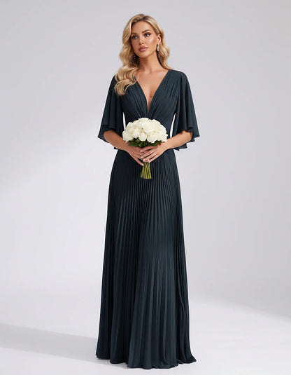 Pleated Chiffon Flutter Sleeve V-Neck A-Line Maxi Dress for Bridesmaid, Wedding Guest, Cocktail, Evening & Summer Events, fro | SKU: EMD-741852963074185-NAVY-L,EMD-741852963074185-NAVY-M,EMD-741852963074185-NAVY-S,EMD-741852963074185-NAVY-XL,EMD-741852963074185-NAVY-XS