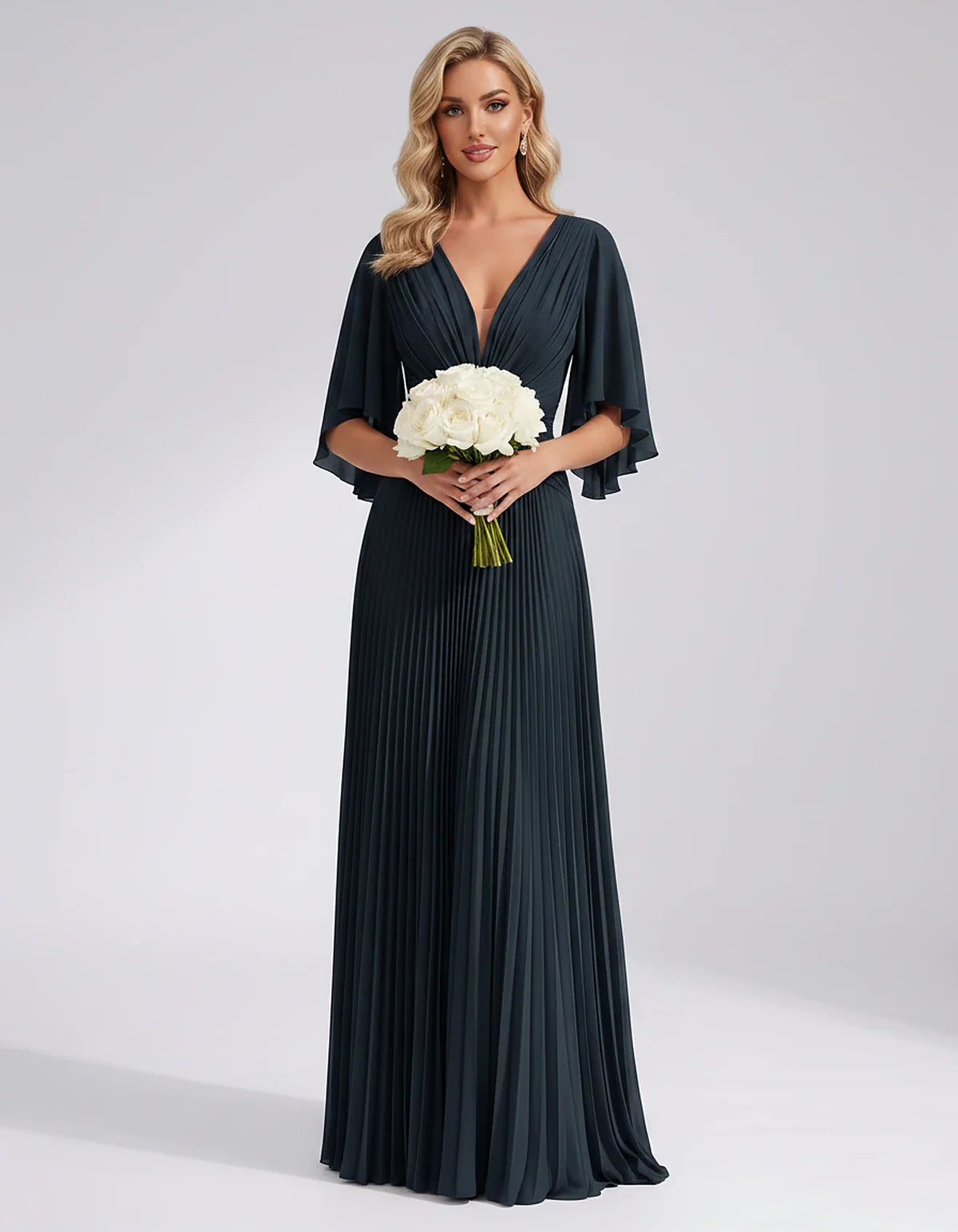Pleated Chiffon Flutter Sleeve V-Neck A-Line Maxi Dress for Bridesmaid, Wedding Guest, Cocktail, Evening & Summer Events, fro | SKU: EMD-741852963074185-NAVY-L,EMD-741852963074185-NAVY-M,EMD-741852963074185-NAVY-S,EMD-741852963074185-NAVY-XL,EMD-741852963074185-NAVY-XS