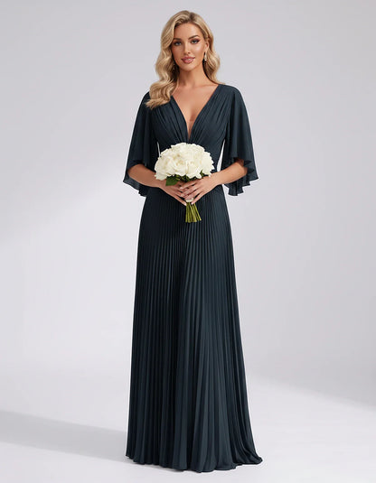 Pleated Chiffon Flutter Sleeve V-Neck A-Line Maxi Dress for Bridesmaid, Wedding Guest, Cocktail, Evening & Summer Events, fro | SKU: EMD-741852963074185-NAVY-L,EMD-741852963074185-NAVY-M,EMD-741852963074185-NAVY-S,EMD-741852963074185-NAVY-XL,EMD-741852963074185-NAVY-XS