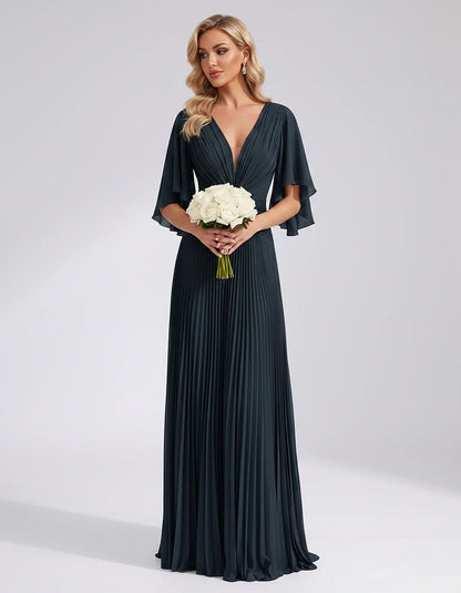 Pleated Chiffon Flutter Sleeve V-Neck A-Line Maxi Dress for Bridesmaid, Wedding Guest, Cocktail, Evening & Summer Events, fro | SKU: EMD-741852963074185-NAVY-L,EMD-741852963074185-NAVY-M,EMD-741852963074185-NAVY-S,EMD-741852963074185-NAVY-XL,EMD-741852963074185-NAVY-XS