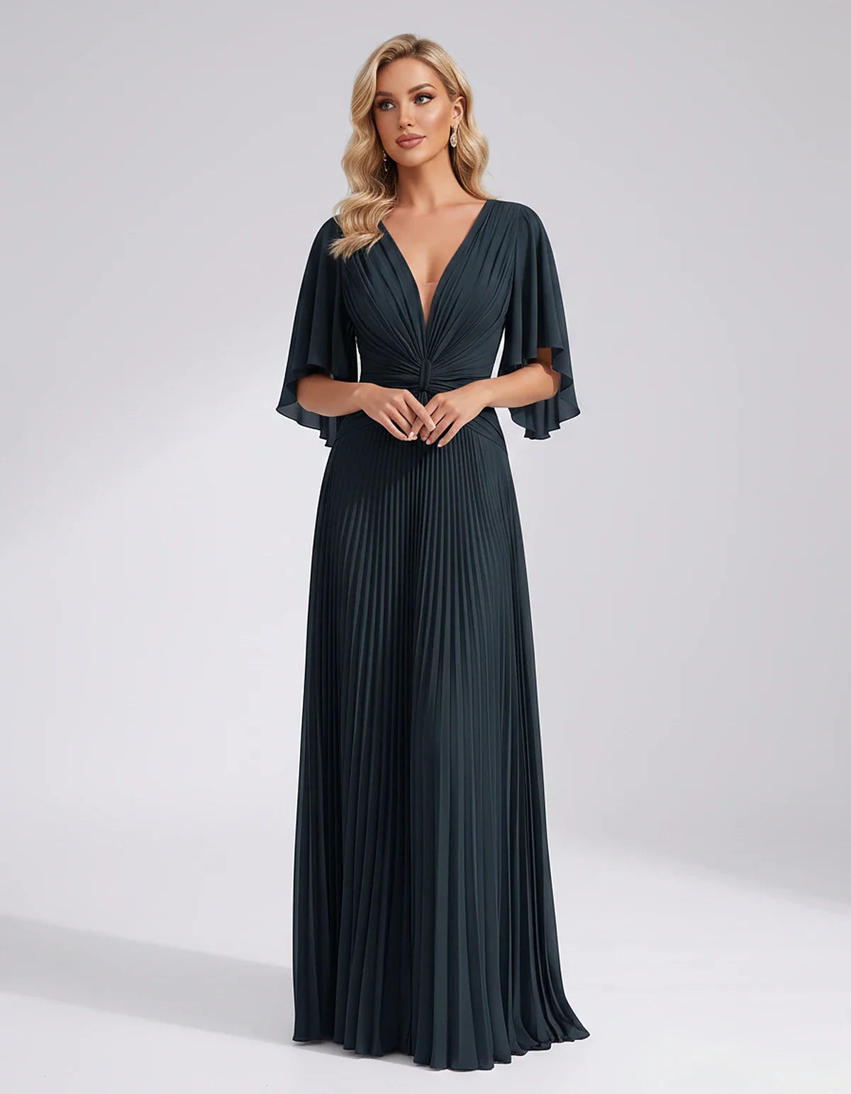 Pleated Chiffon Flutter Sleeve V-Neck A-Line Maxi Dress for Bridesmaid, Wedding Guest, Cocktail, Evening & Summer Events, fro | SKU: EMD-741852963074185-NAVY-L,EMD-741852963074185-NAVY-M,EMD-741852963074185-NAVY-S,EMD-741852963074185-NAVY-XL,EMD-741852963074185-NAVY-XS