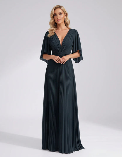 Pleated Chiffon Flutter Sleeve V-Neck A-Line Maxi Dress for Bridesmaid, Wedding Guest, Cocktail, Evening & Summer Events, fro | SKU: EMD-741852963074185-NAVY-L,EMD-741852963074185-NAVY-M,EMD-741852963074185-NAVY-S,EMD-741852963074185-NAVY-XL,EMD-741852963074185-NAVY-XS