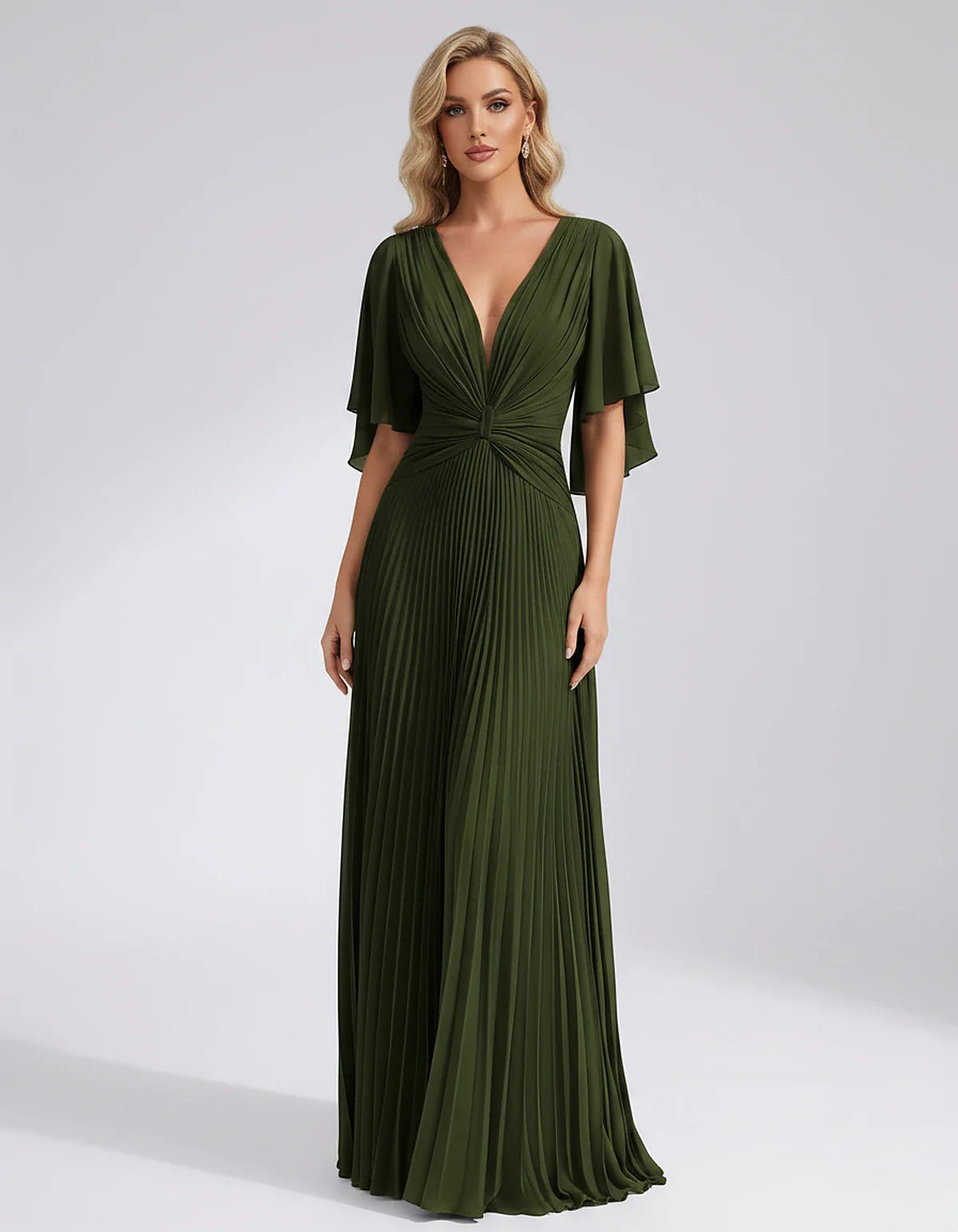 Pleated Chiffon Flutter Sleeve V-Neck A-Line Maxi Dress for Bridesmaid, Wedding Guest, Cocktail, Evening & Summer Events, fro | SKU: EMD-741852963074185-OLIVE-L,EMD-741852963074185-OLIVE-M,EMD-741852963074185-OLIVE-S,EMD-741852963074185-OLIVE-XL,EMD-741852963074185-OLIVE-XS