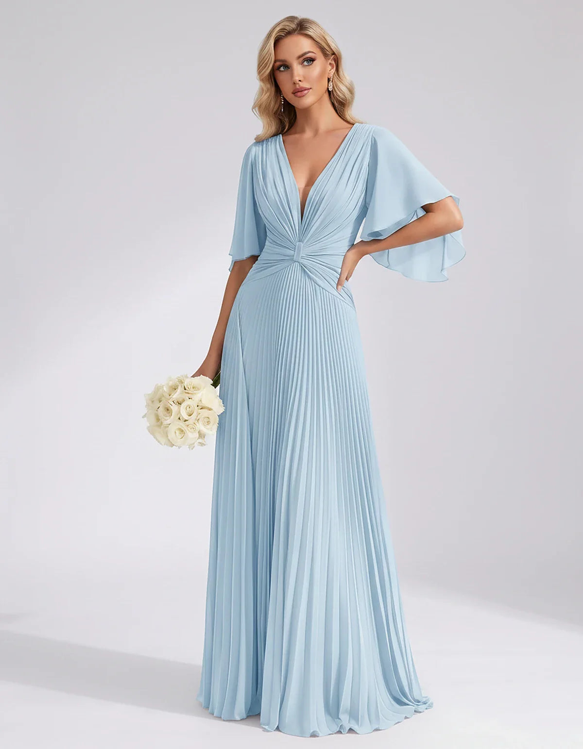 Pleated Chiffon Flutter Sleeve V-Neck A-Line Maxi Dress for Bridesmaid, Wedding Guest, Cocktail, Evening & Summer Events, fro | SKU: EMD-741852963074185-LIGHTBLUE-L,EMD-741852963074185-LIGHTBLUE-M,EMD-741852963074185-LIGHTBLUE-S,EMD-741852963074185-LIGHTBLUE-XL,EMD-741852963074185-LIGHTBLUE-XS